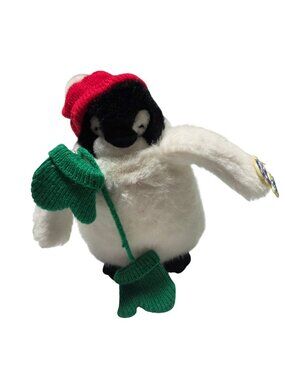 Emotions Vintage 80s Penguin 6 inch Plush Red Hat Green Mittens Winter Toy